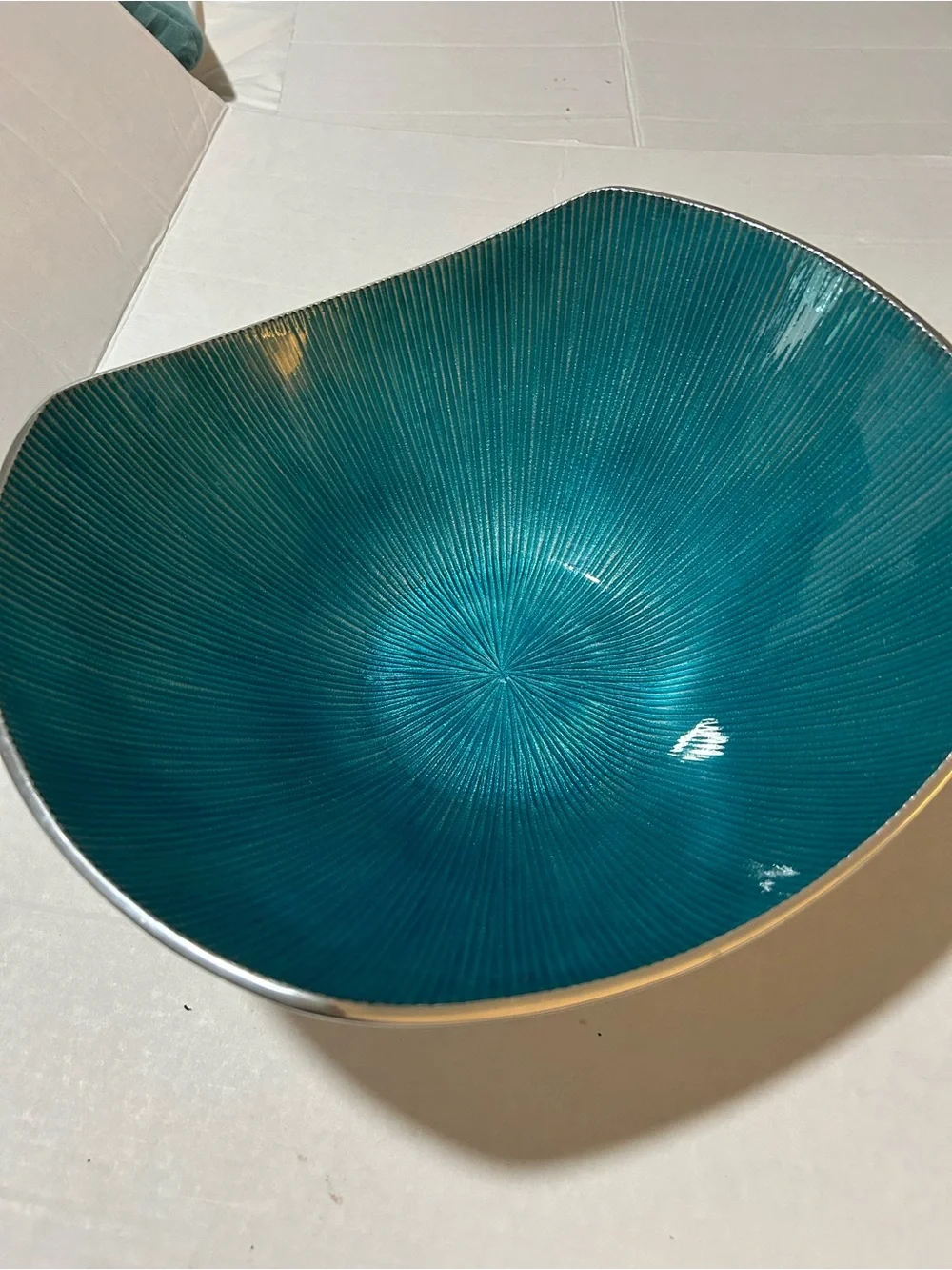Simply Designz Bodoni Handcrafted Teal Blue Enamel Bowl 13” Centerpiece MCM